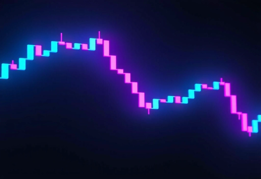 Visualización digital de gráficos de velas financieros fusionados con estructura de código brillante